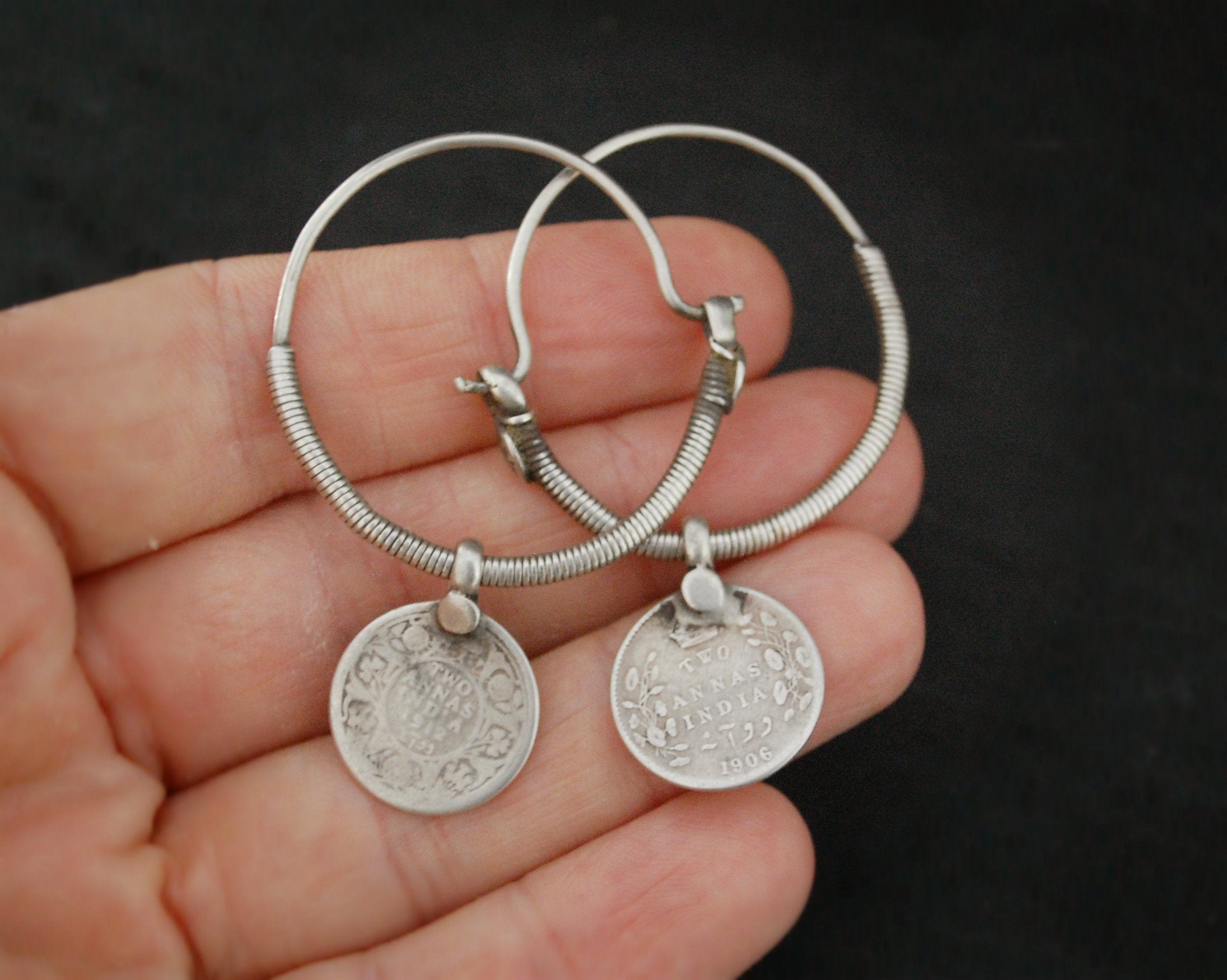 Tribal Indian Hoop Earrings with Coins - Medium
