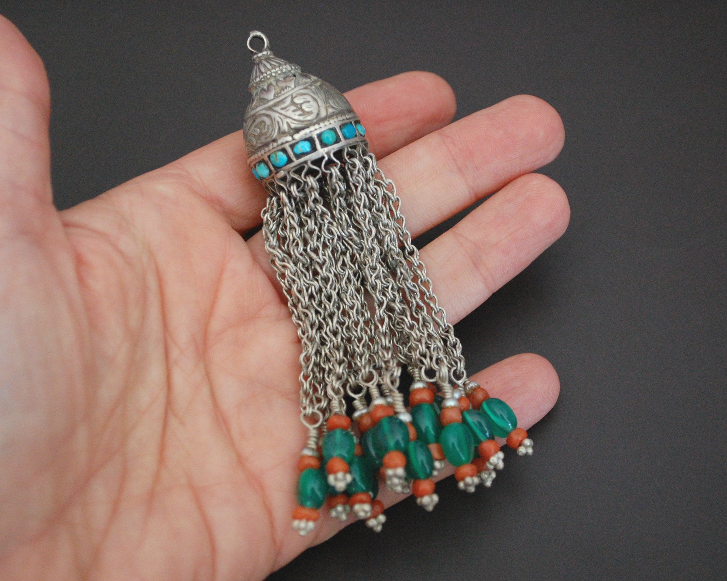 Old Uzbek Turquoise and Coral Tassel Pendant