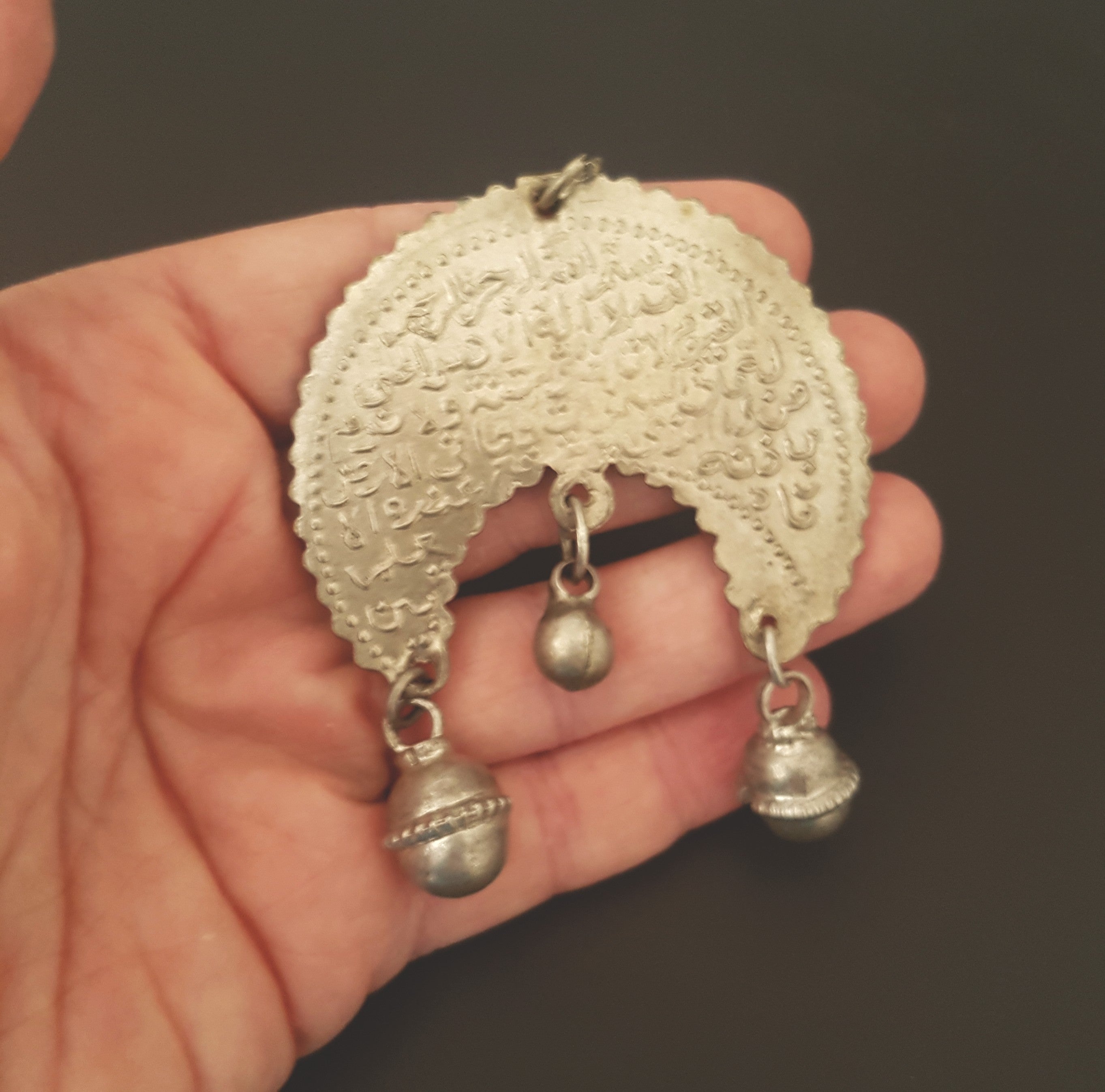 Old Crescent Arabic Script Pendant with Dangles