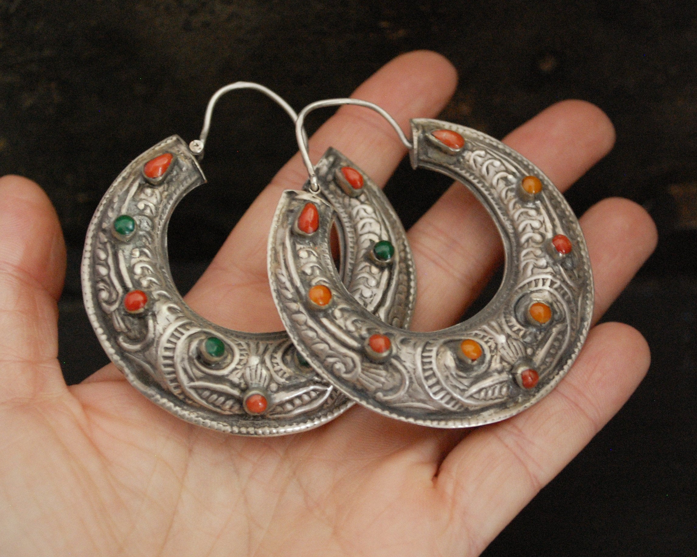 Stunning Ethnic Hoop Earrings with Coral, Carnelian and Malachite