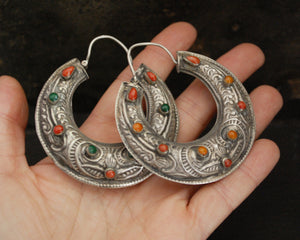 Stunning Ethnic Hoop Earrings with Coral, Carnelian and Malachite
