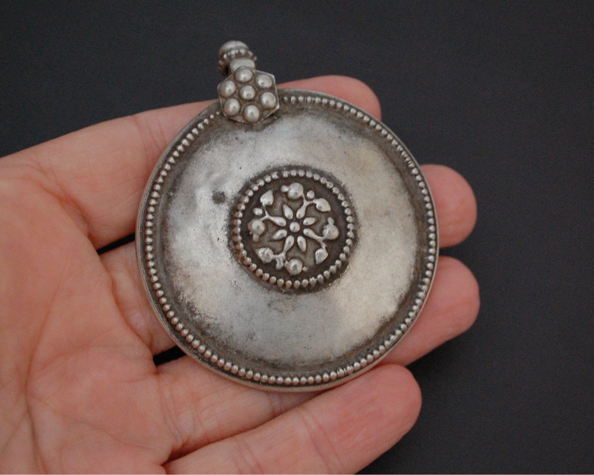 Tribal Silver Rajasthani Disc Pendant - LARGE