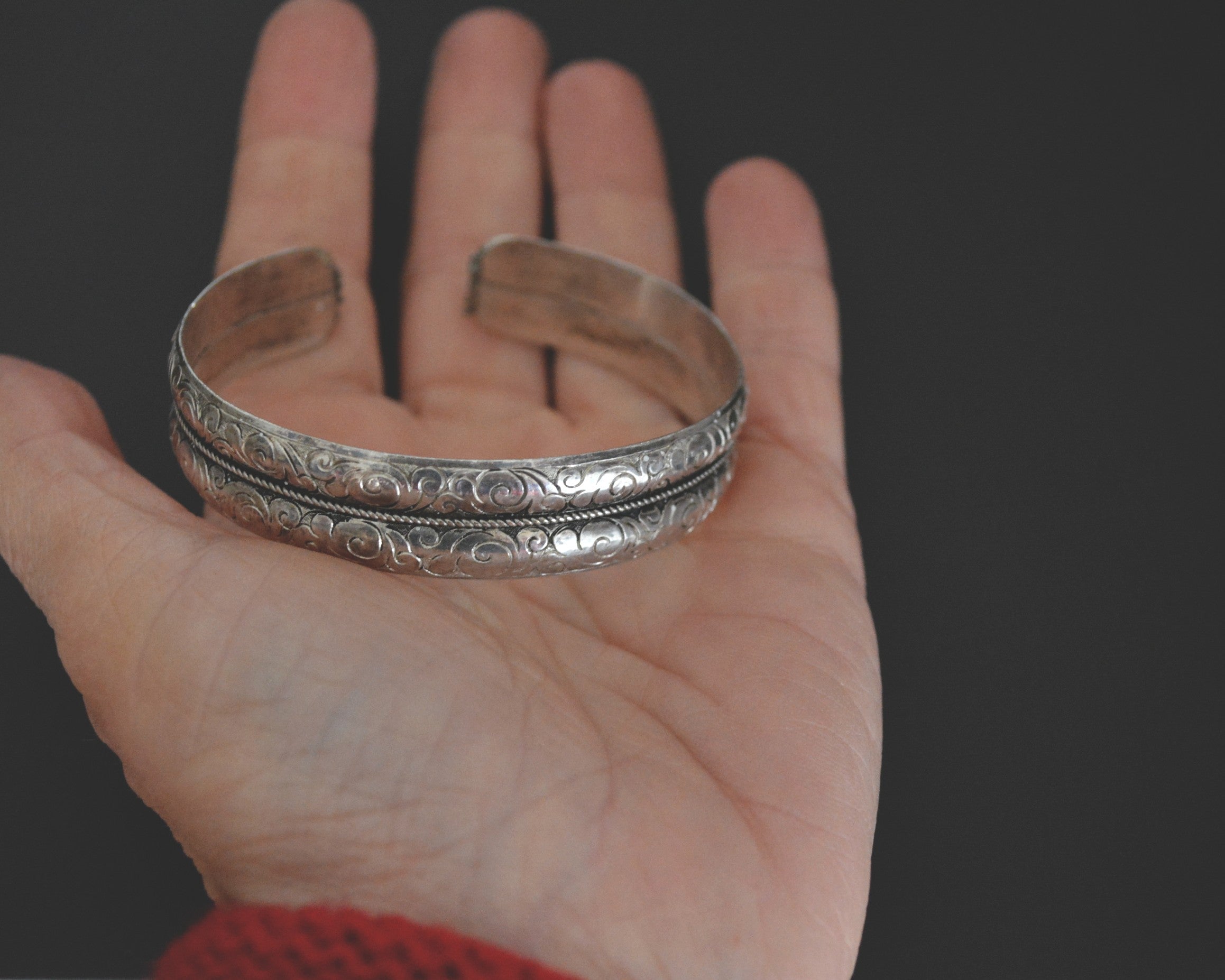 Nepali Silver Cuff Bracelet with Carvings