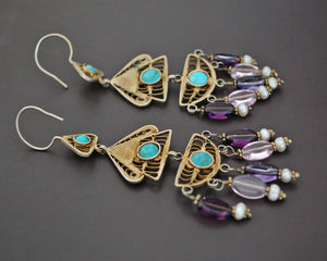 Gilded Uzbek Filigree Gemstone Earrings