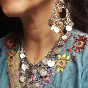 Middle Eastern Coin Filigree Dangle Earrings with Turquoise