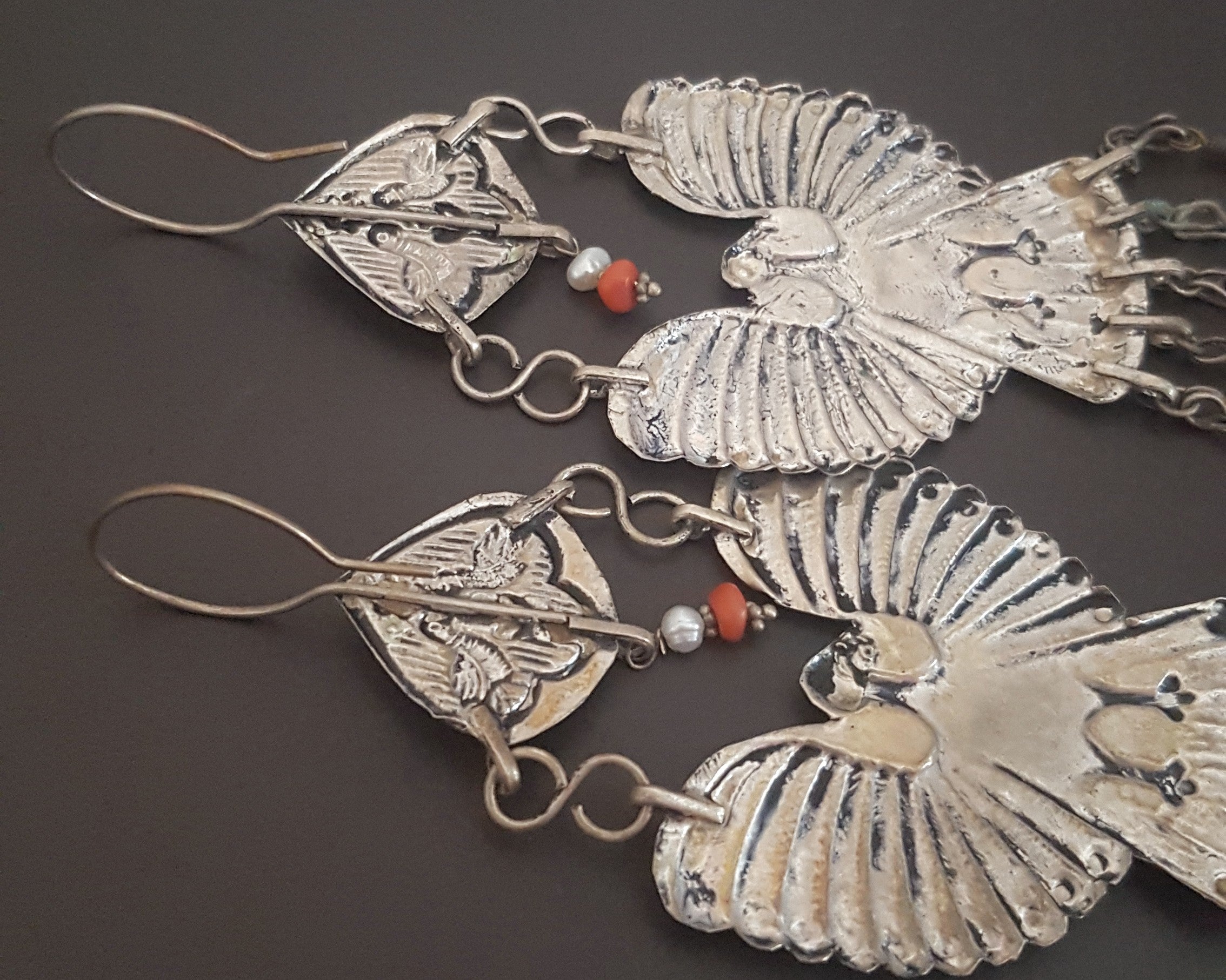 Uzbek Coral Pearl Earrings with Bird