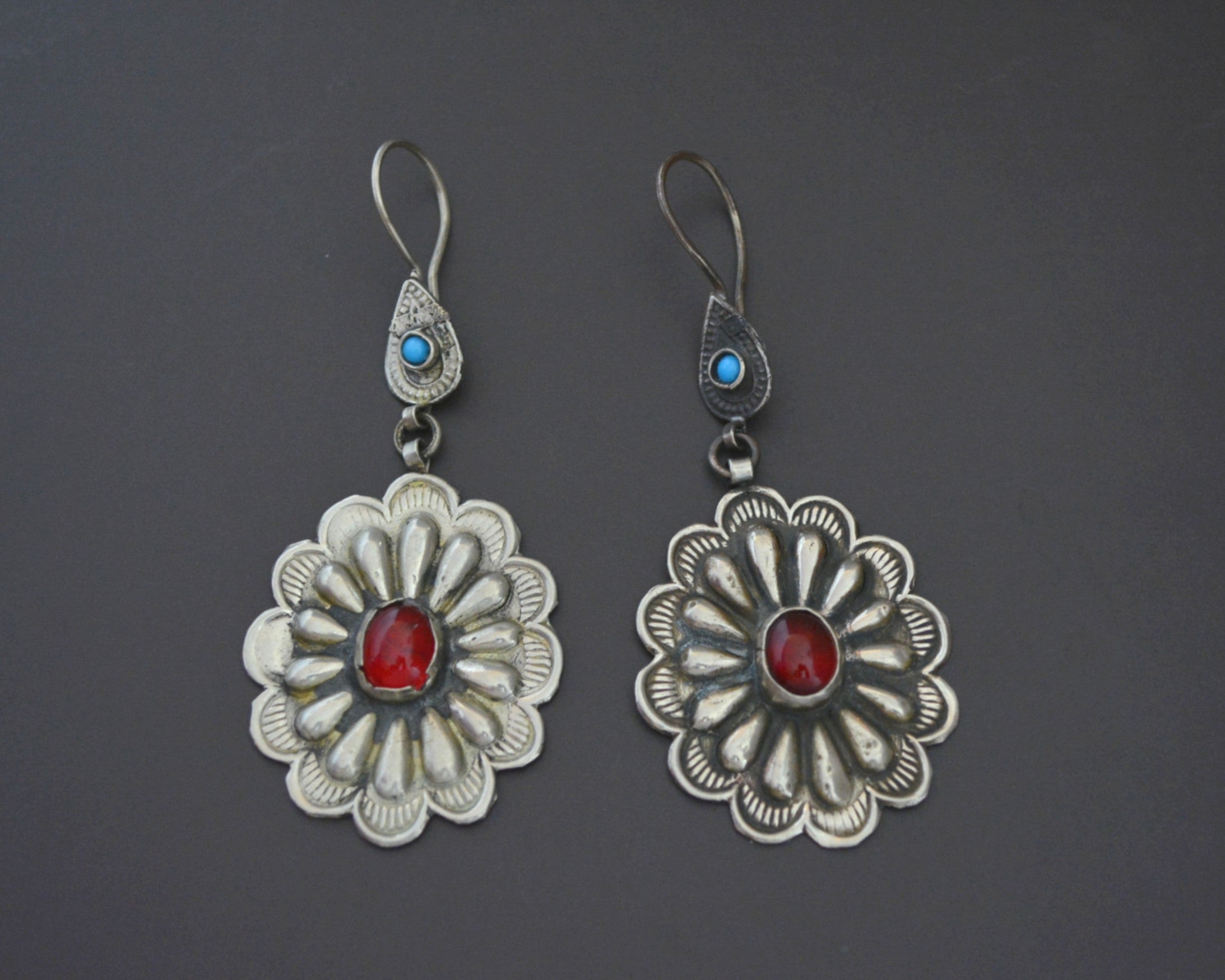 Turkmen Silver Earrings with Red Glass