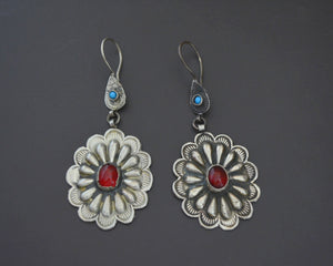 Turkmen Silver Earrings with Red Glass