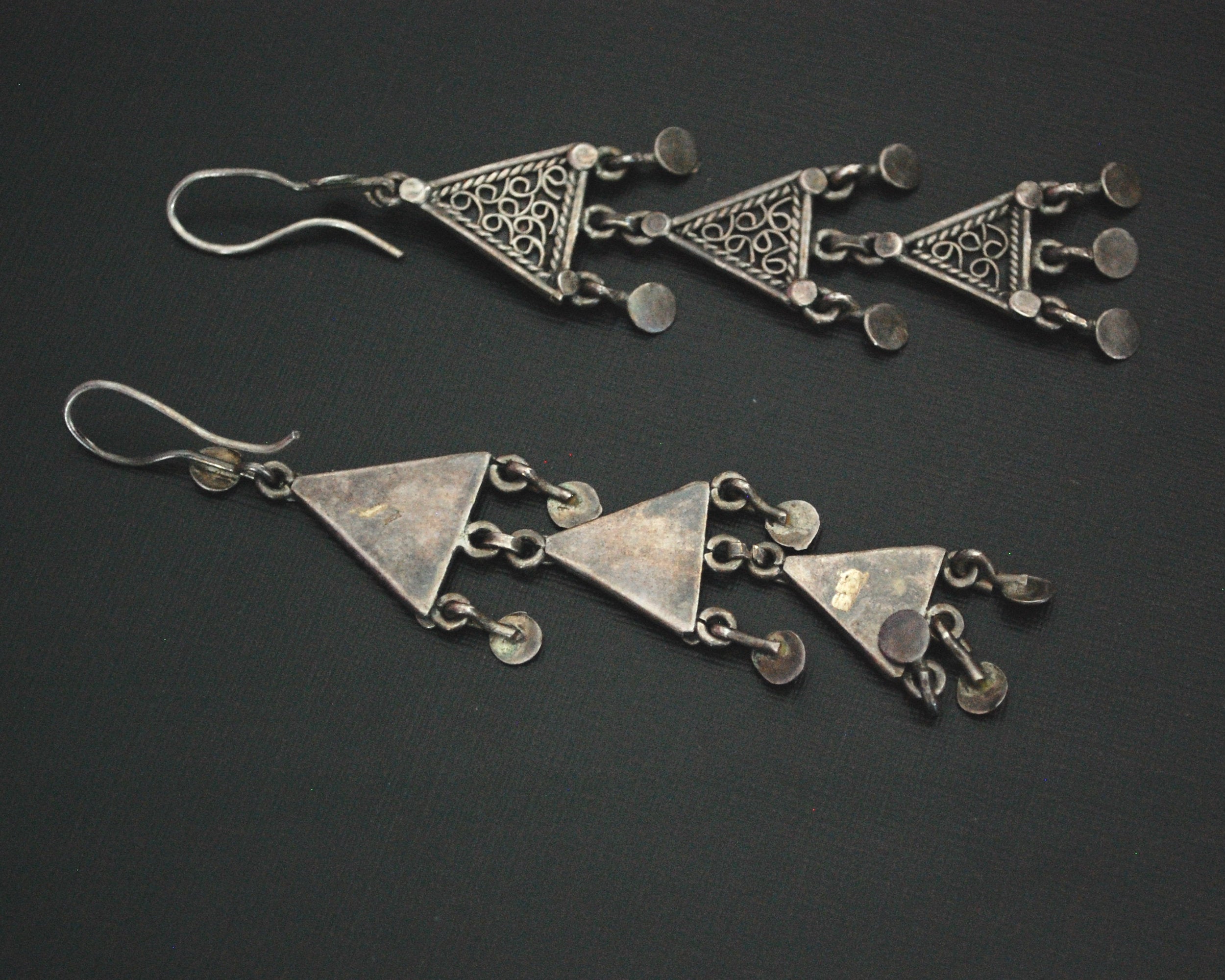 Ethnic Sterling Silver Oriental Filigree Dangle Earrings