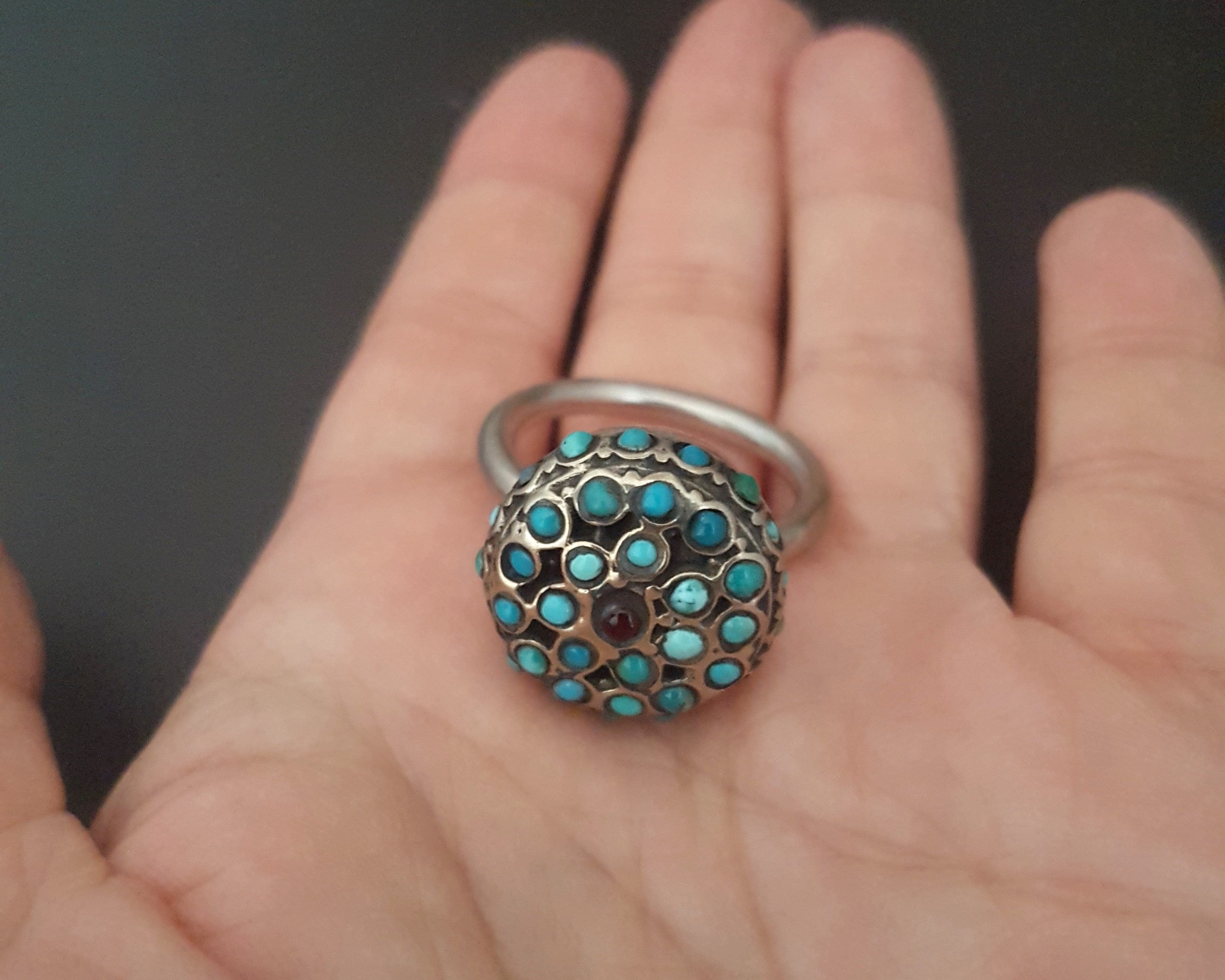 Central Asian Turquoise Garnet Silver Ring - Size 8