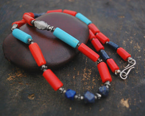Ethnic Coral, Turquoise and Lapis Lazuli Silver Beads Necklace from India