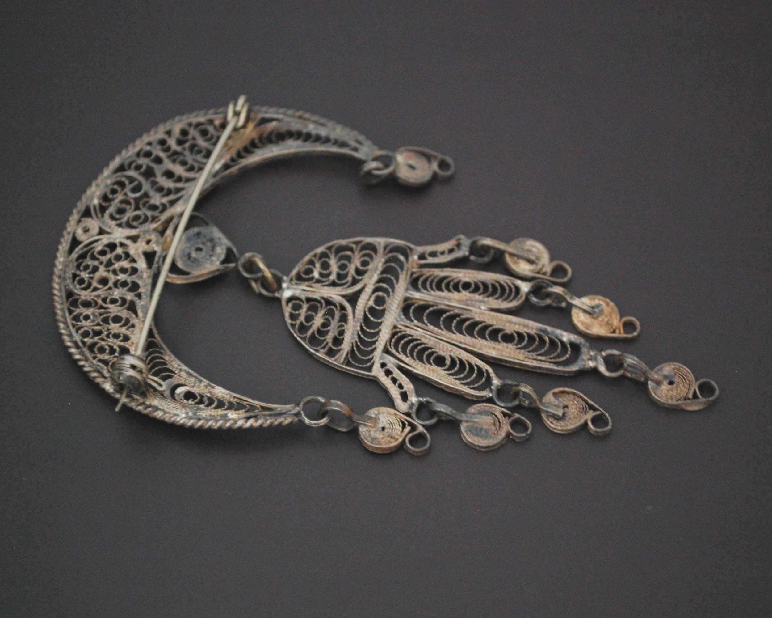 Tunisian Filigree Crescent and Hand of Fatima Brooch