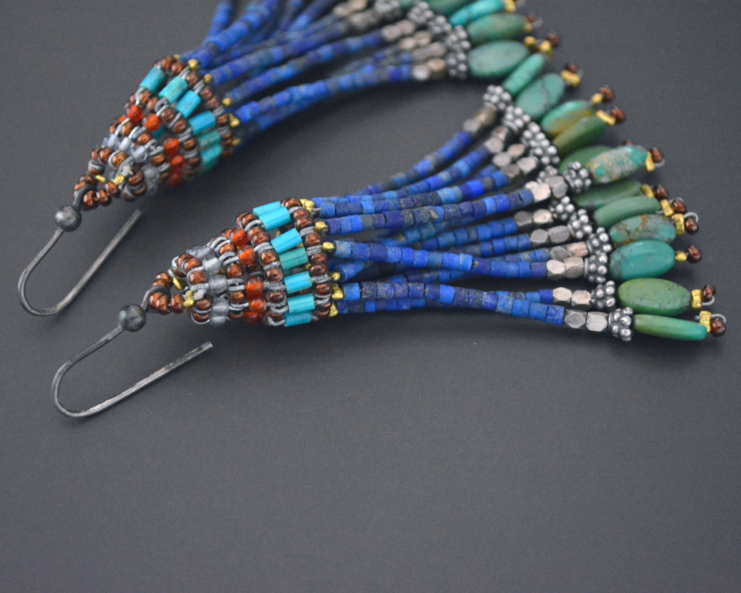 Beaded Tassel Earrings with Turquoise and Lapis Lazuli
