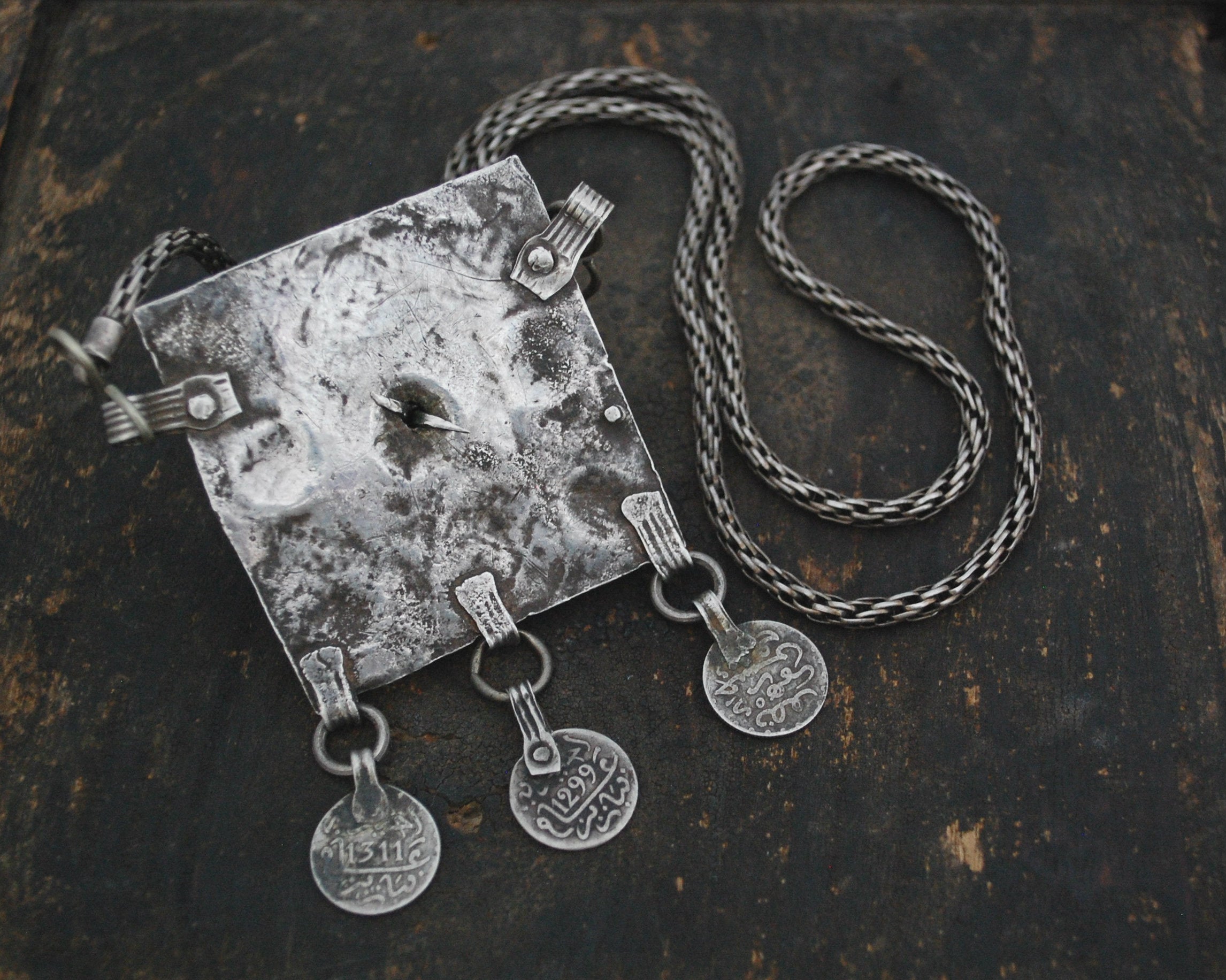 Old Berber Enamel Hirz Pendant with Coins on Silver Chain