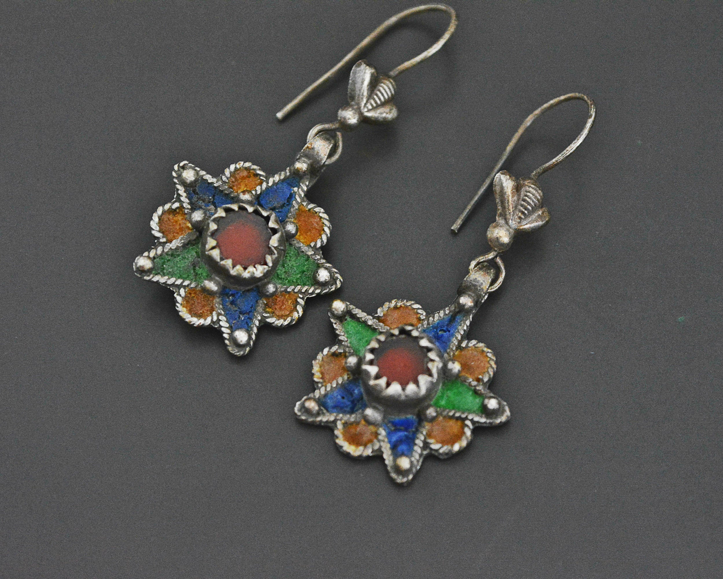 Berber Enamel Star Earrings with Red Glass
