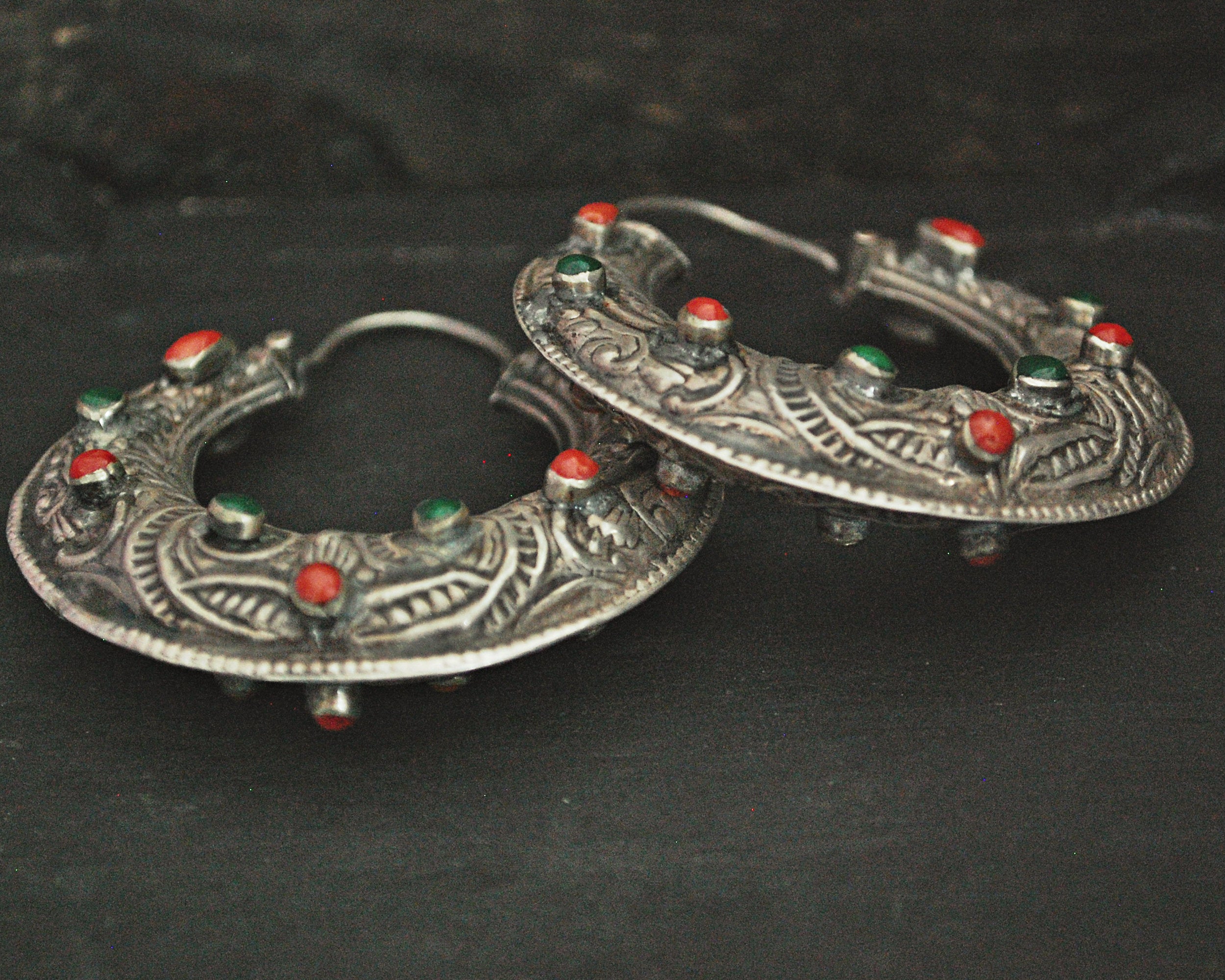Stunning Ethnic Hoop Earrings with Coral, Carnelian and Malachite