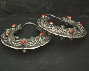 Stunning Ethnic Hoop Earrings with Coral, Carnelian and Malachite