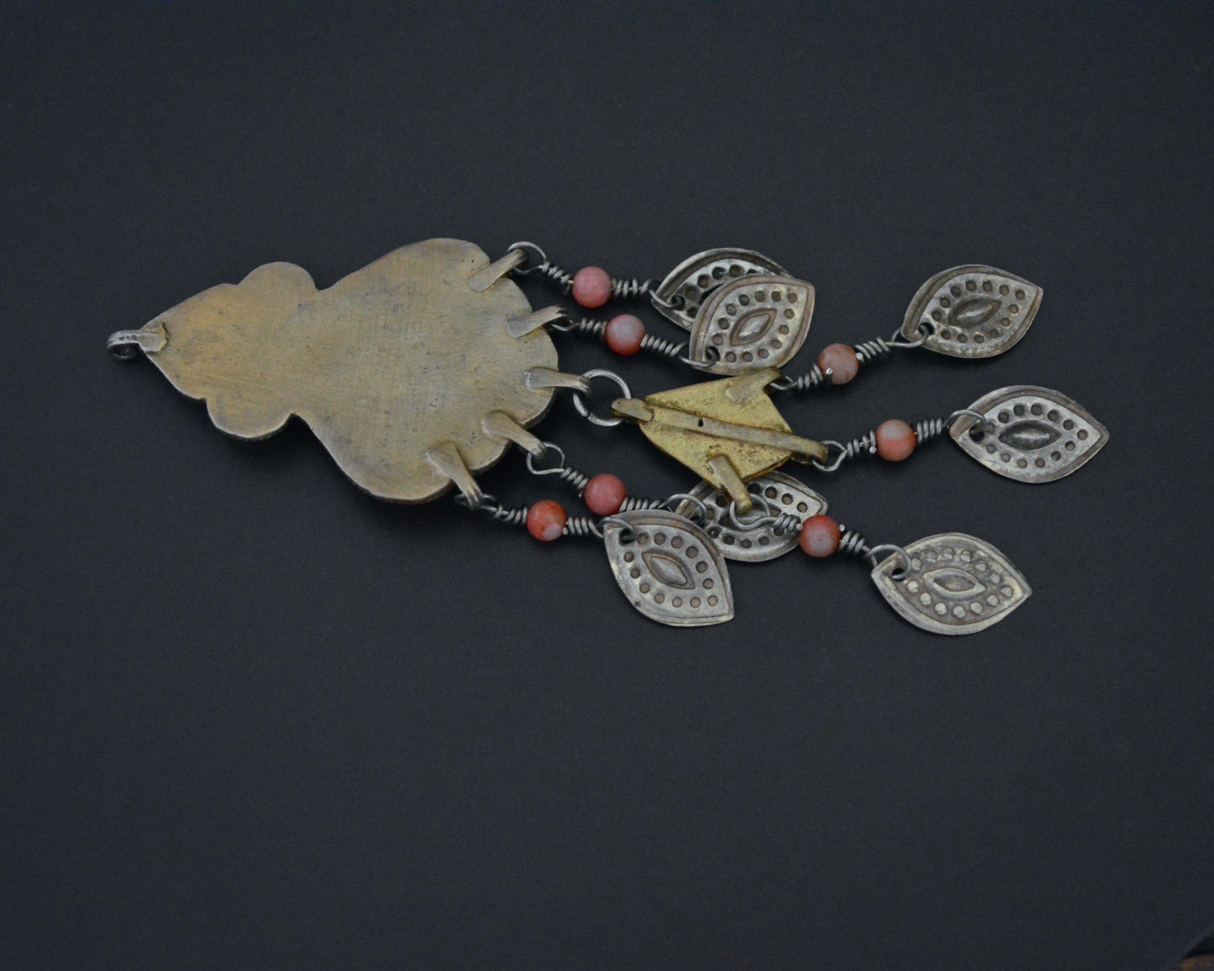 Old Gilded Uzbek Coral Turquoise Pendant with Enamel