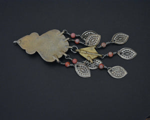 Old Gilded Uzbek Coral Turquoise Pendant with Enamel