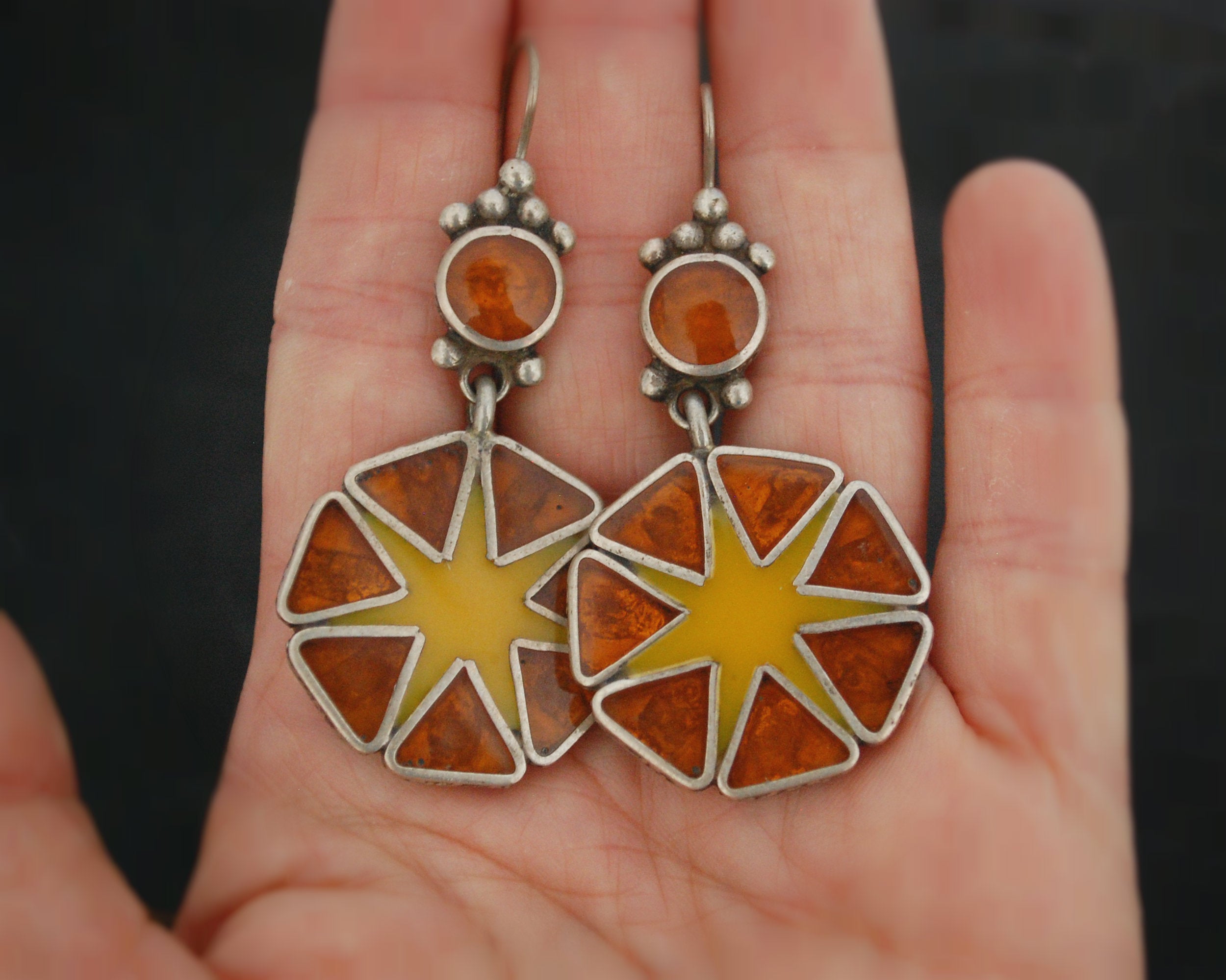 Ethnic Amber and Glass Dangle Earrings