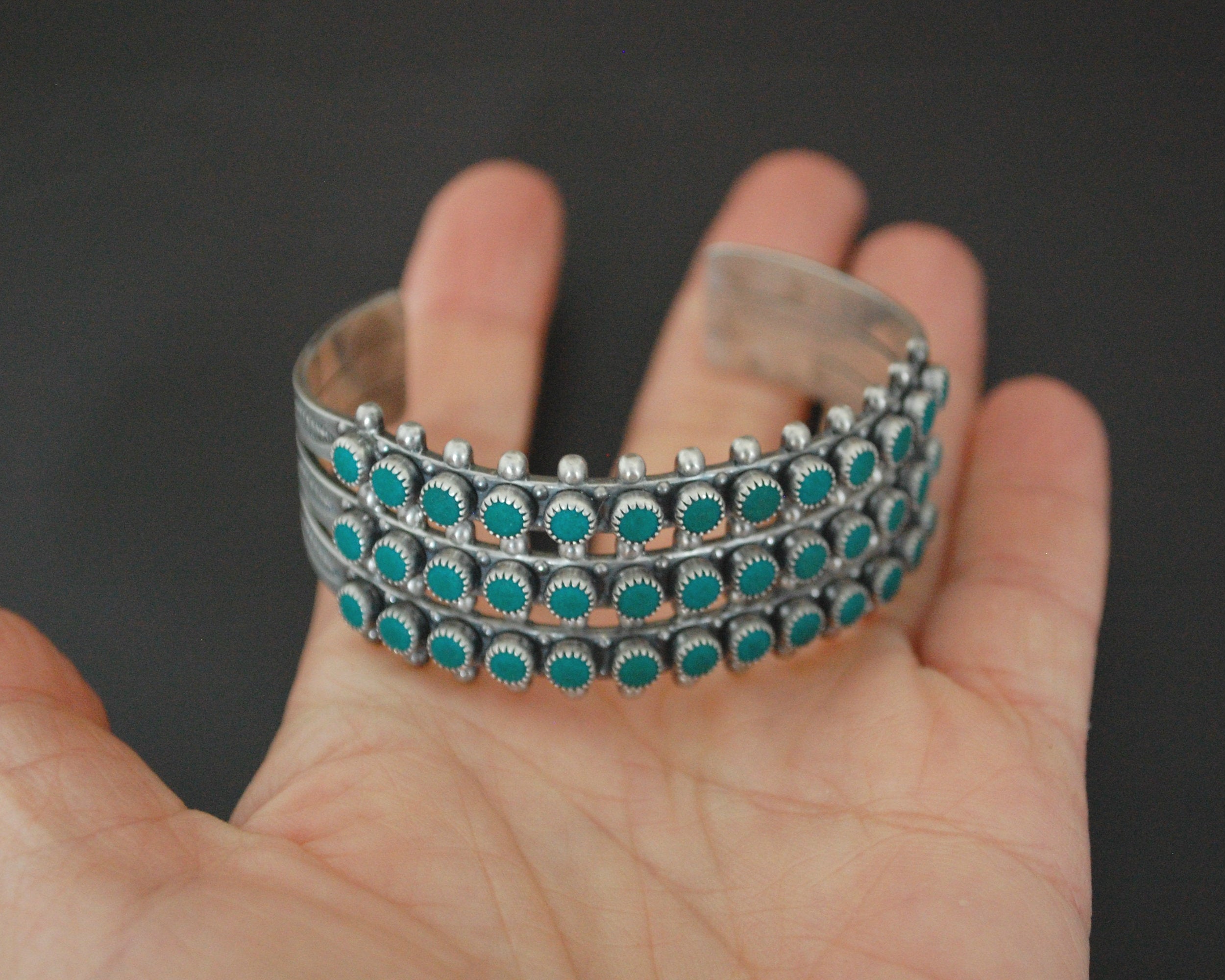 Native American Multirow Petit Point Turquoise Cuff Bracelet with Stampings