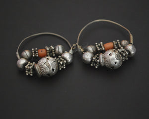 Uzbek Coral Silver Bead Hoop Earrings