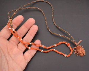 Ethnic Coral Pearl Beads Necklace from India - On Cotton Cord