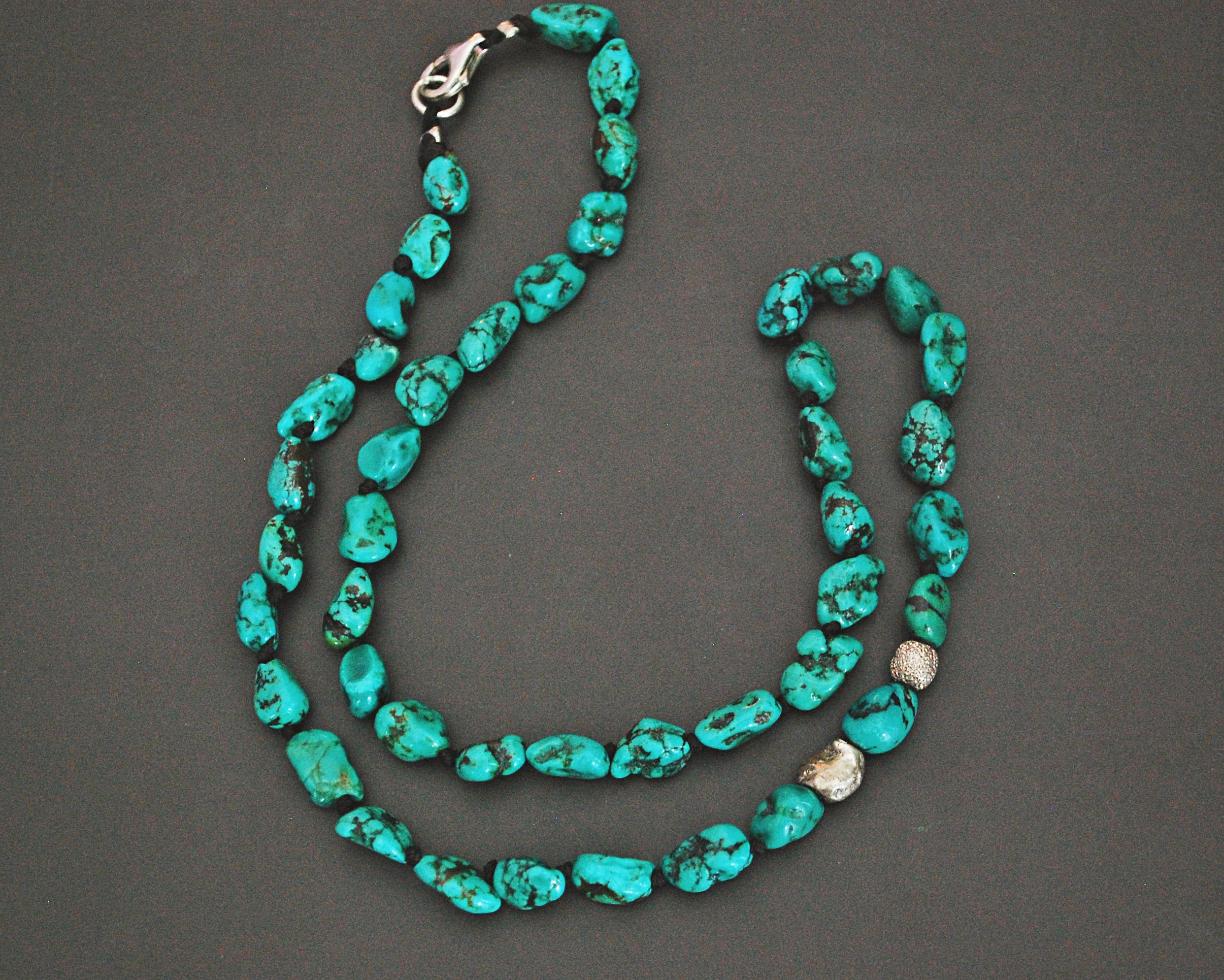 Knotted Turquoise Nugget Necklace with Silver Beads