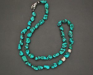 Knotted Turquoise Nugget Necklace with Silver Beads