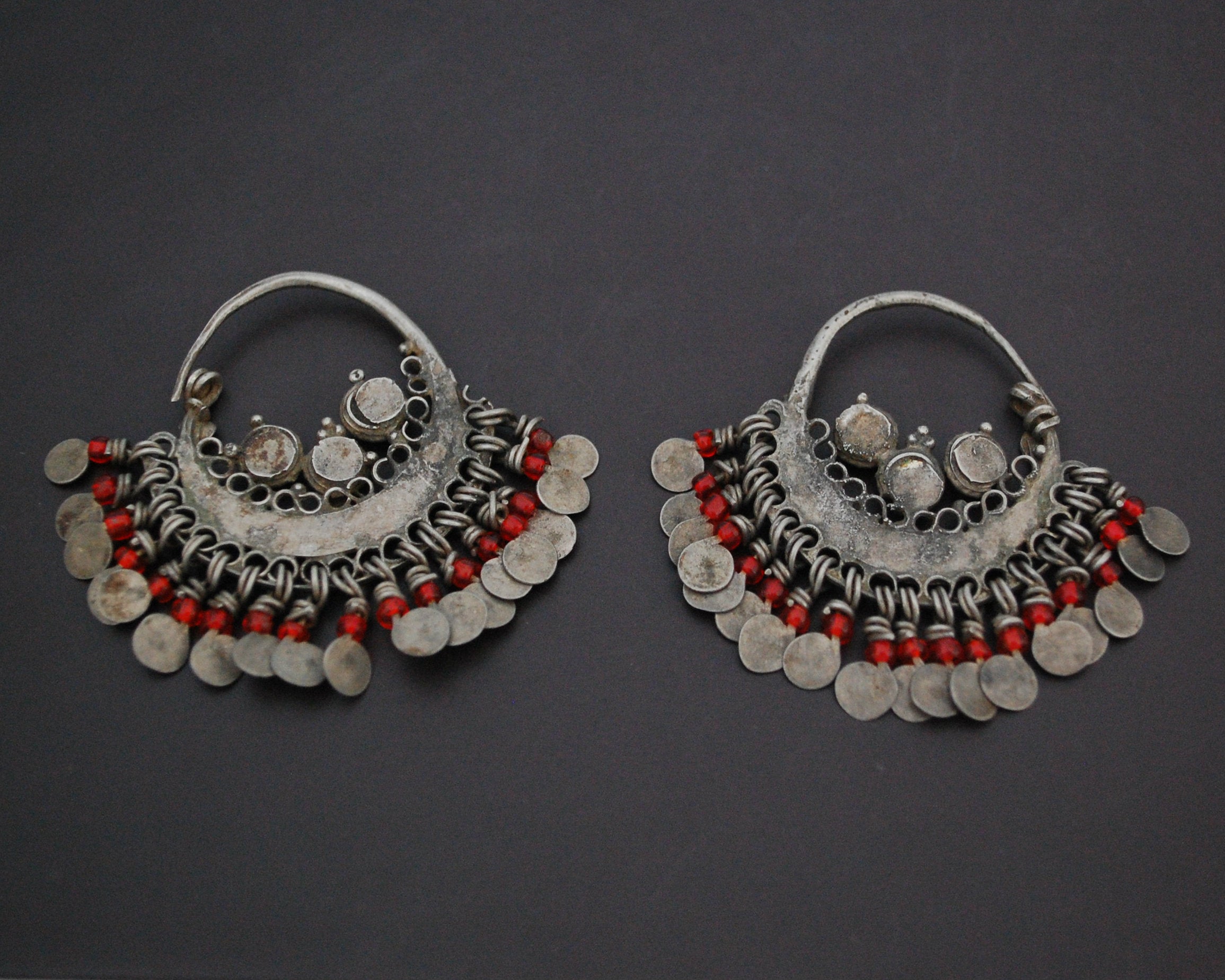 Afghani Hoop Earrings with Red Glass Tassels