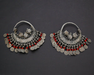 Afghani Hoop Earrings with Red Glass Tassels