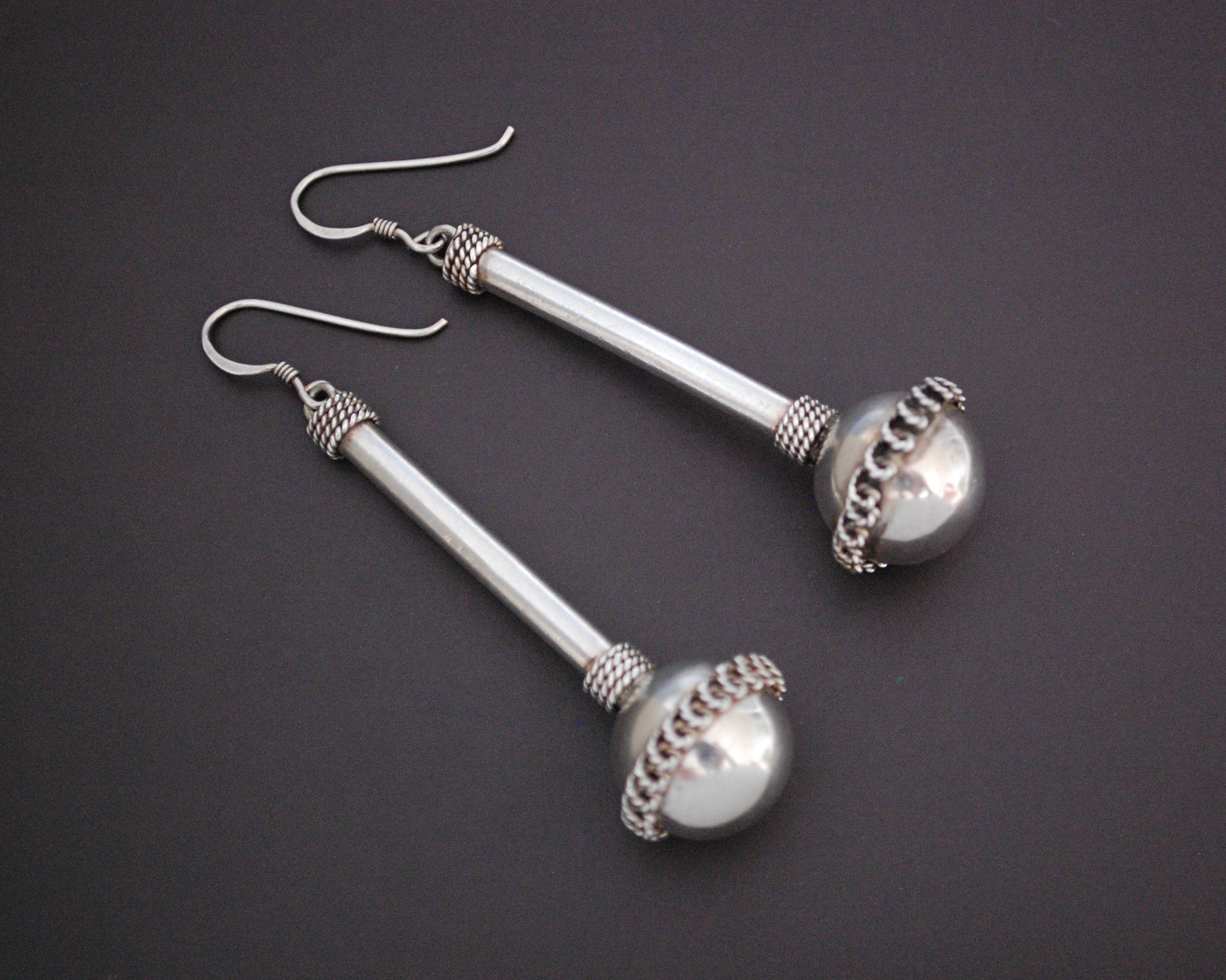 Long Ethnic Silver Ball Earrings with Wire Work