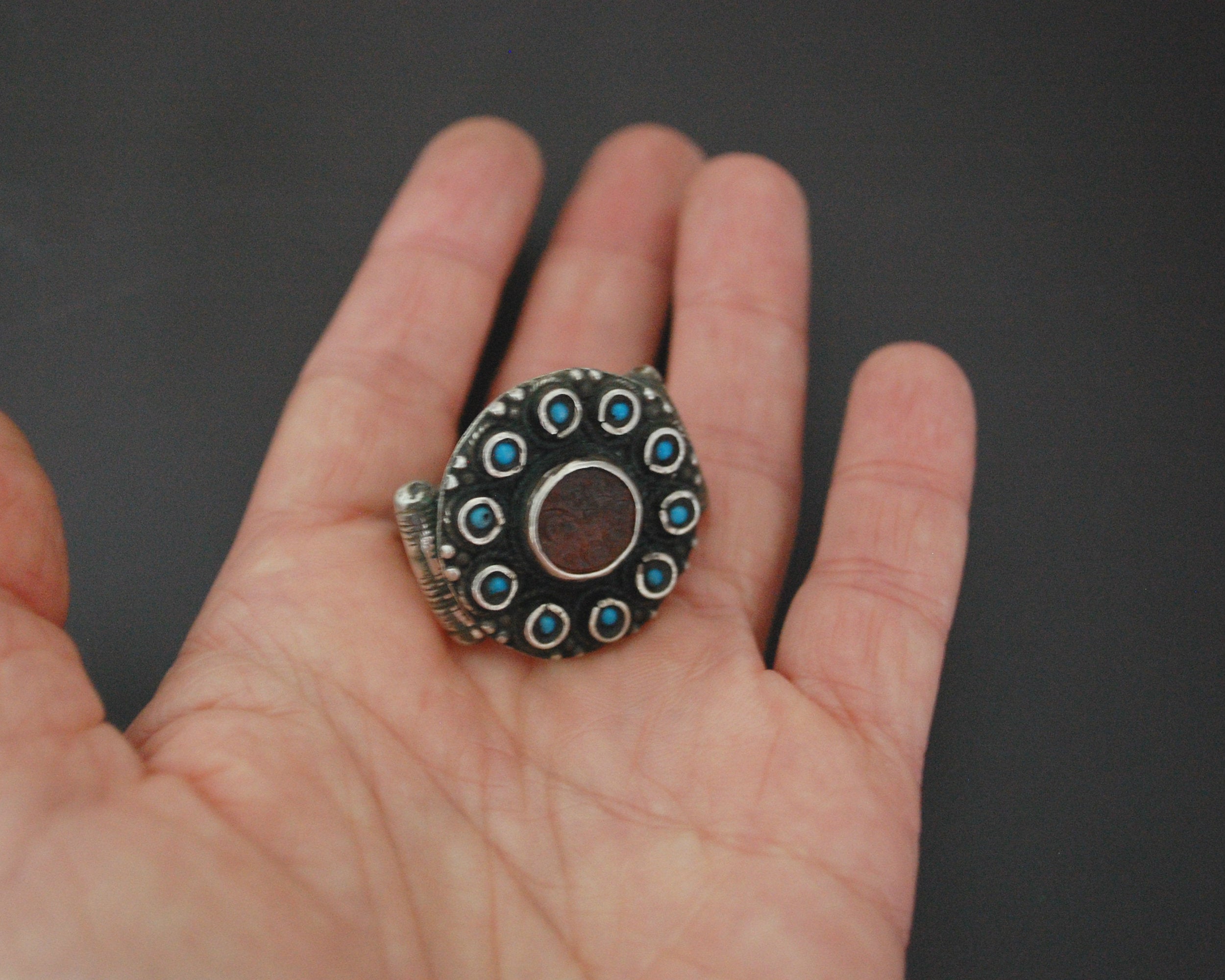 Bold Afghani Carnelian Turquoise Ring - Size 7.5