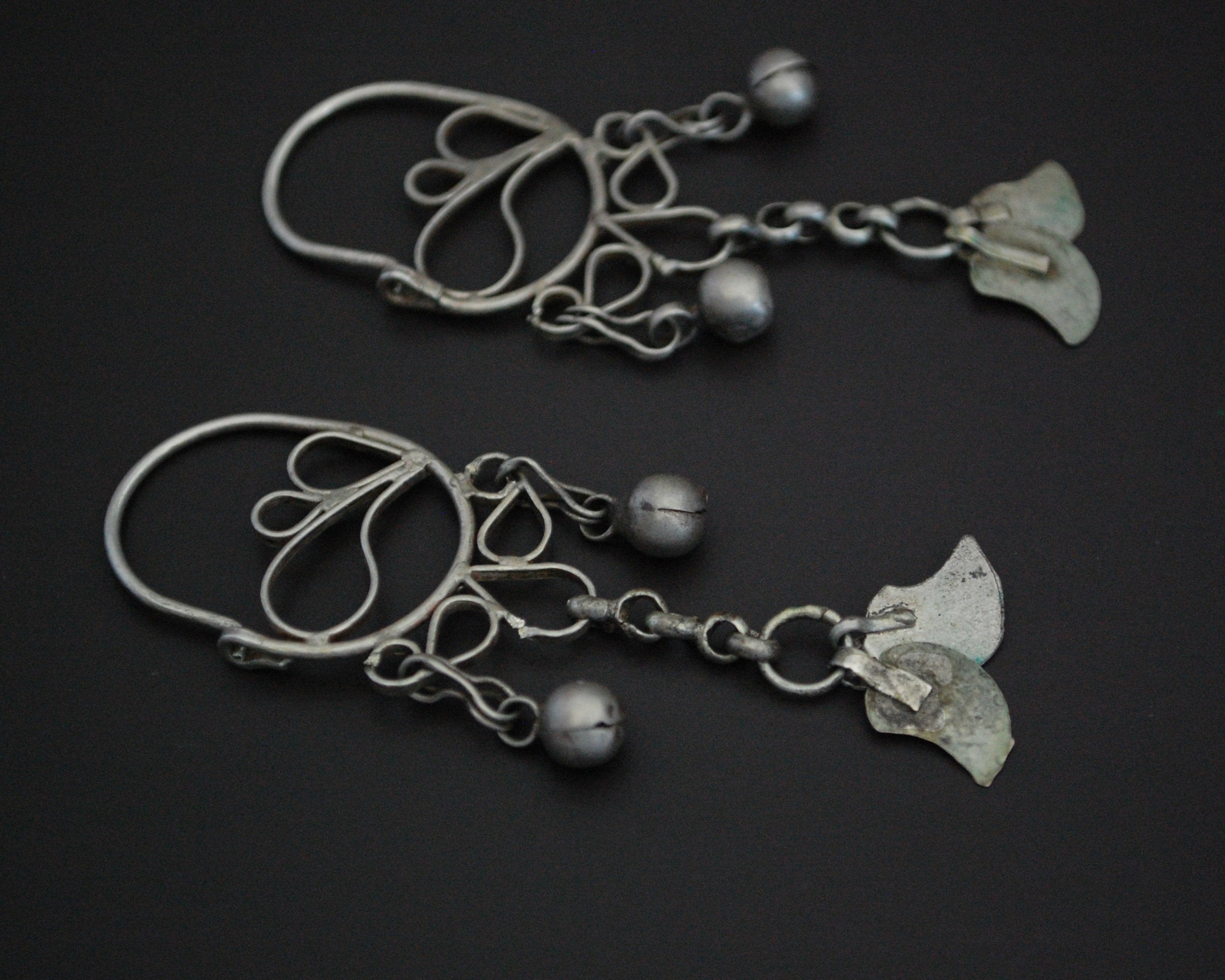 Uzbek Silver Hoop Earrings with Tassels and Bells