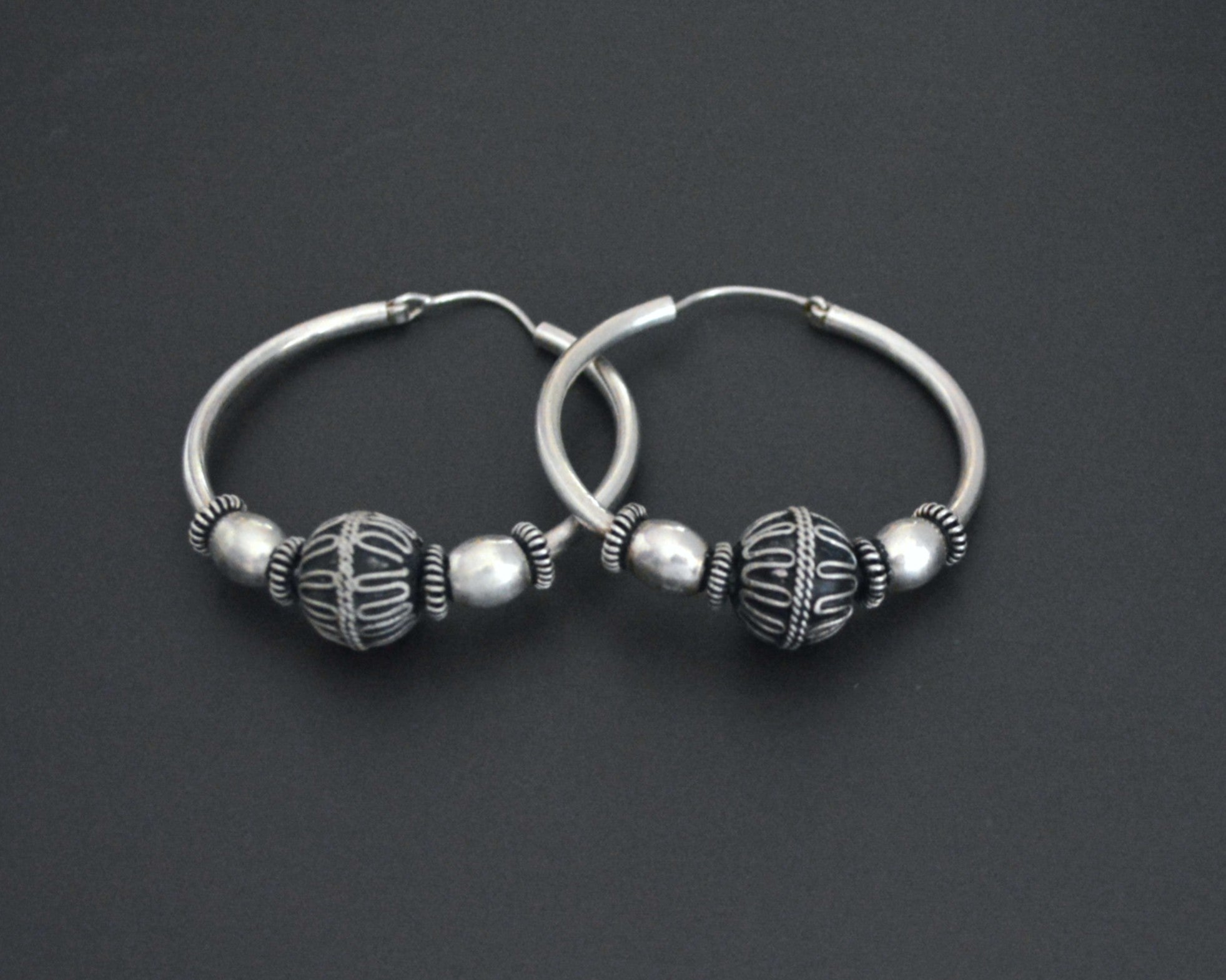 Large Ethnic Bali Hoop Earrings with Wire Work and Bead