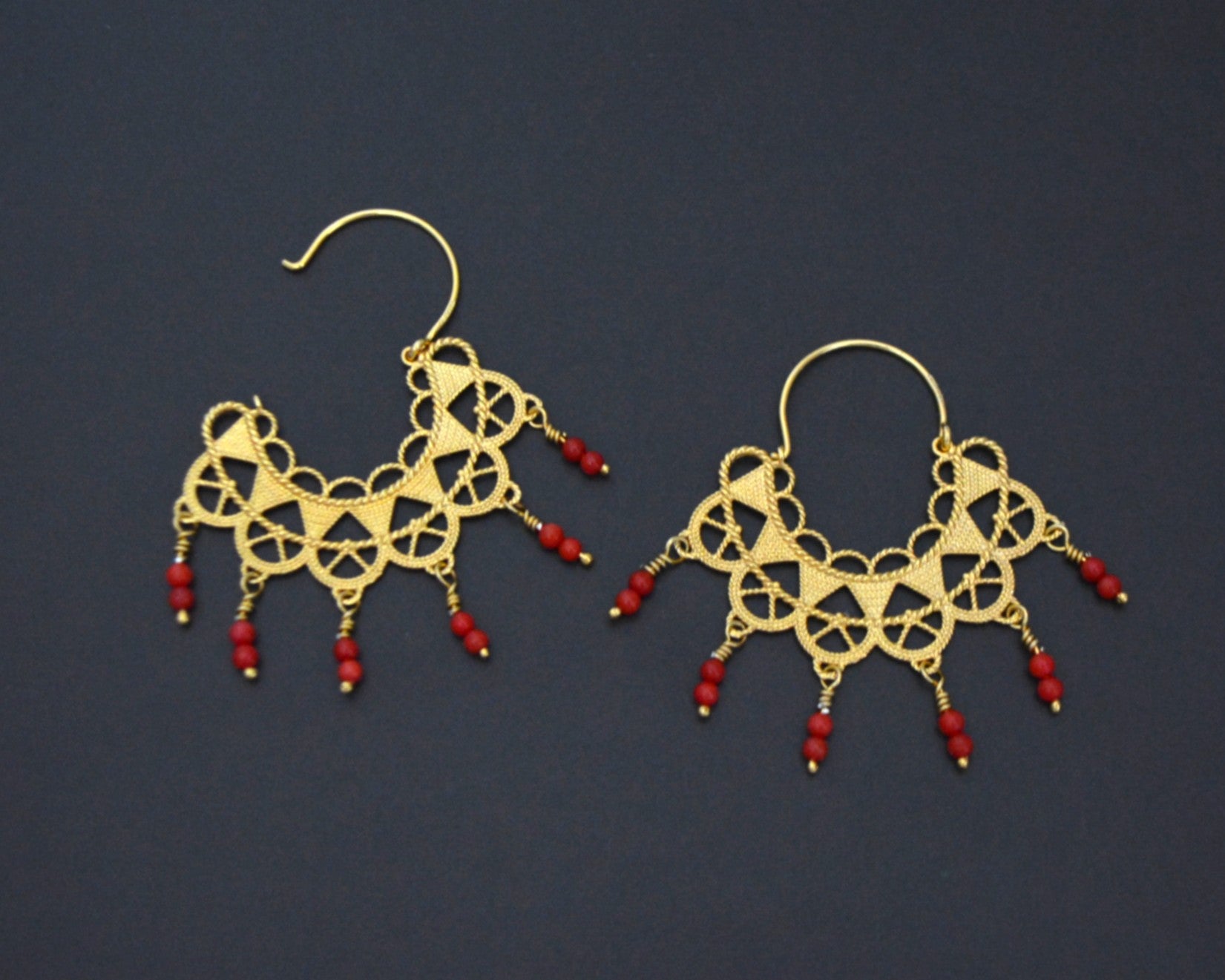 Gilded Filigree Coral Hoop Earrings - Gilded over Sterling