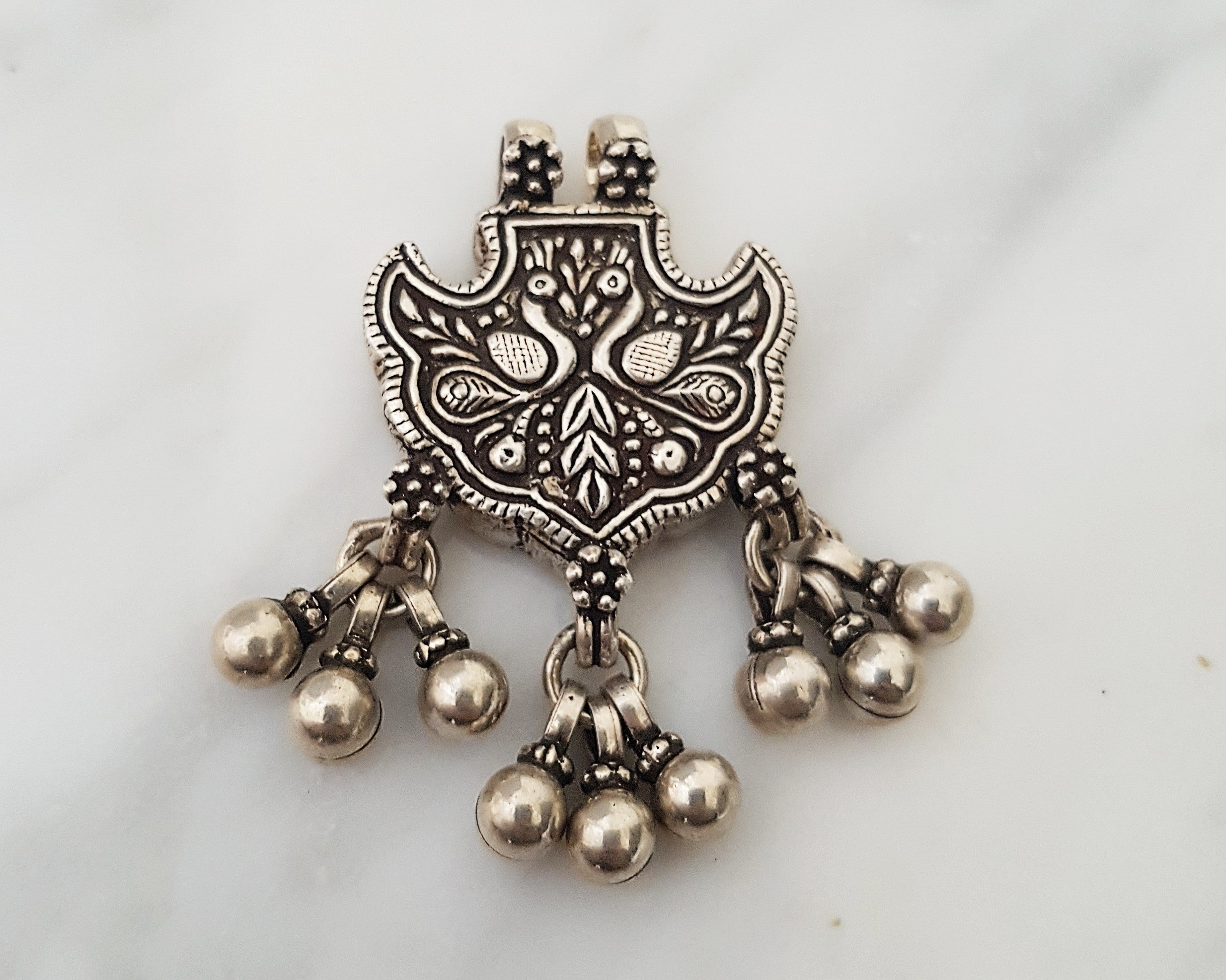 Rajasthani Silver Peacock Pendant with Bells