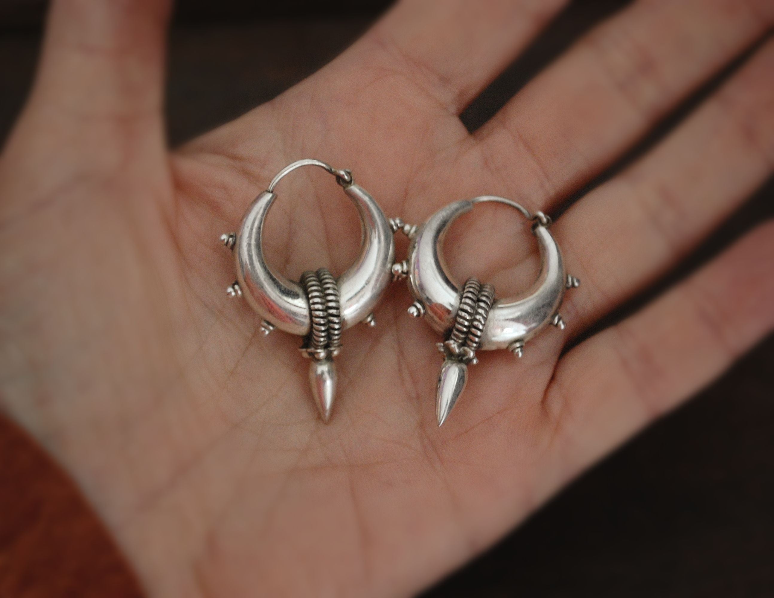 Ethnic Indian Sterling Silver Spike Hoop Earrings - MEDIUM