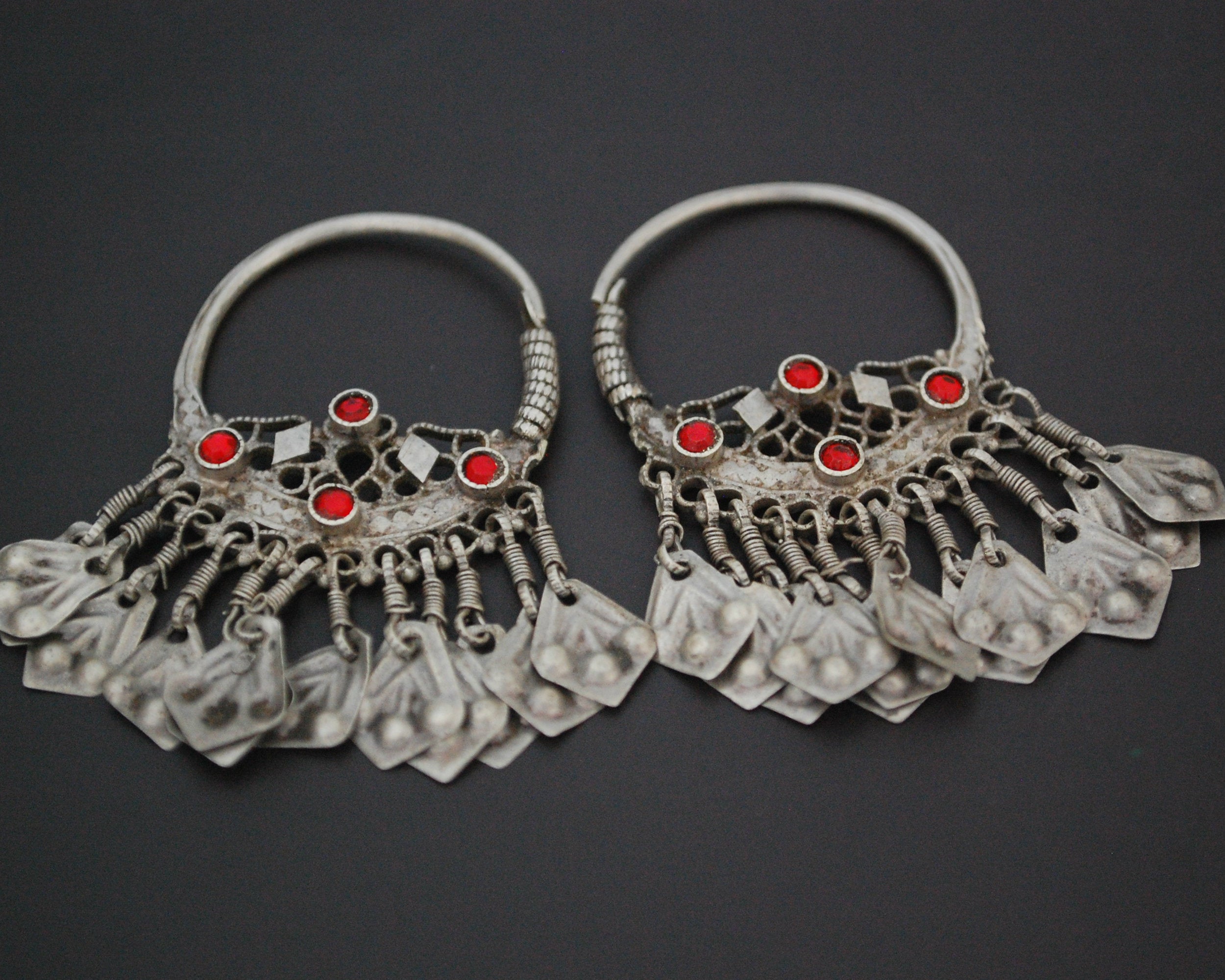 Afghani Hoop Earrings with Tassels and Red Glass