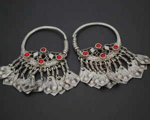 Afghani Hoop Earrings with Tassels and Red Glass