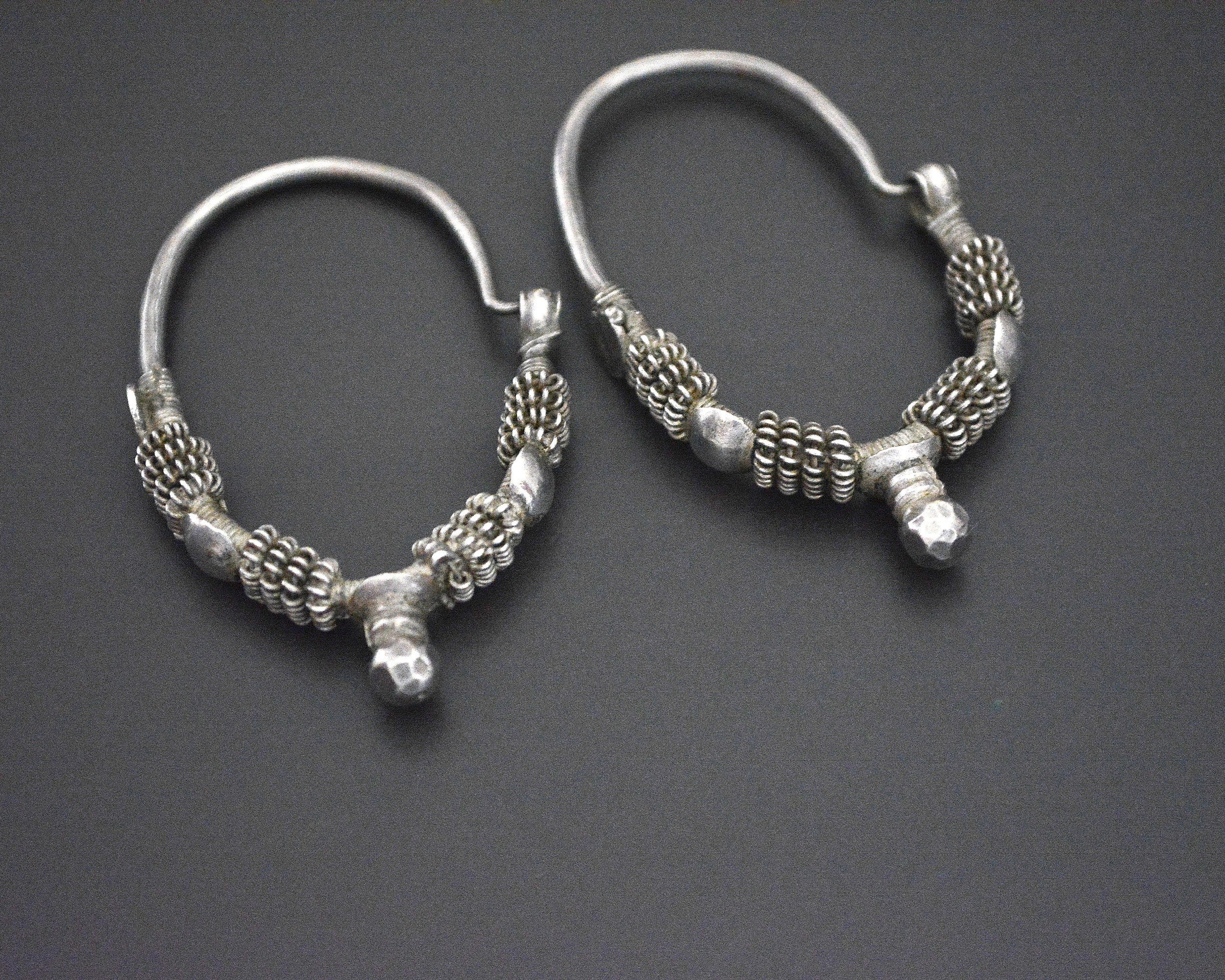 Old Large Gujarati Hoop Earrings - Old Silver