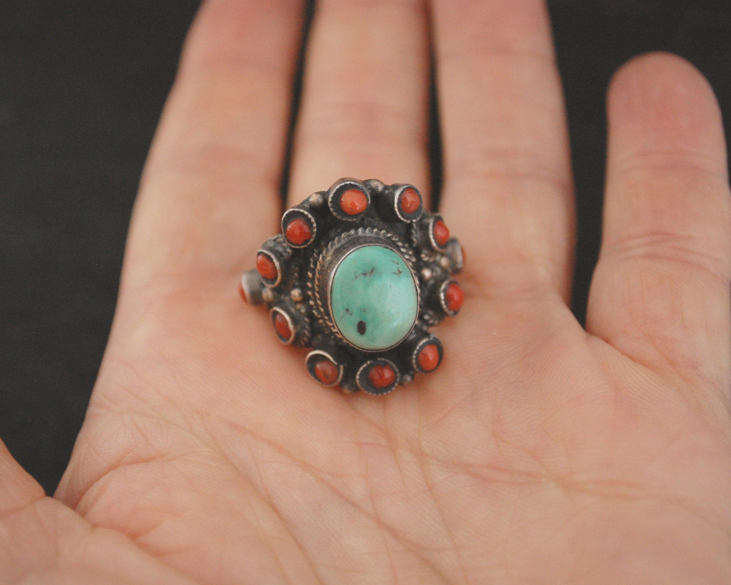 Nepali Turquoise Coral Ring - Size 6.75