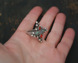 Ethnic Coral Turquoise Ring from Ladakh - Size 6.25