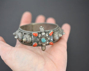Yemeni Bedouin Silver Bracelet with Coral and Turquoise - Hinged - Small Size