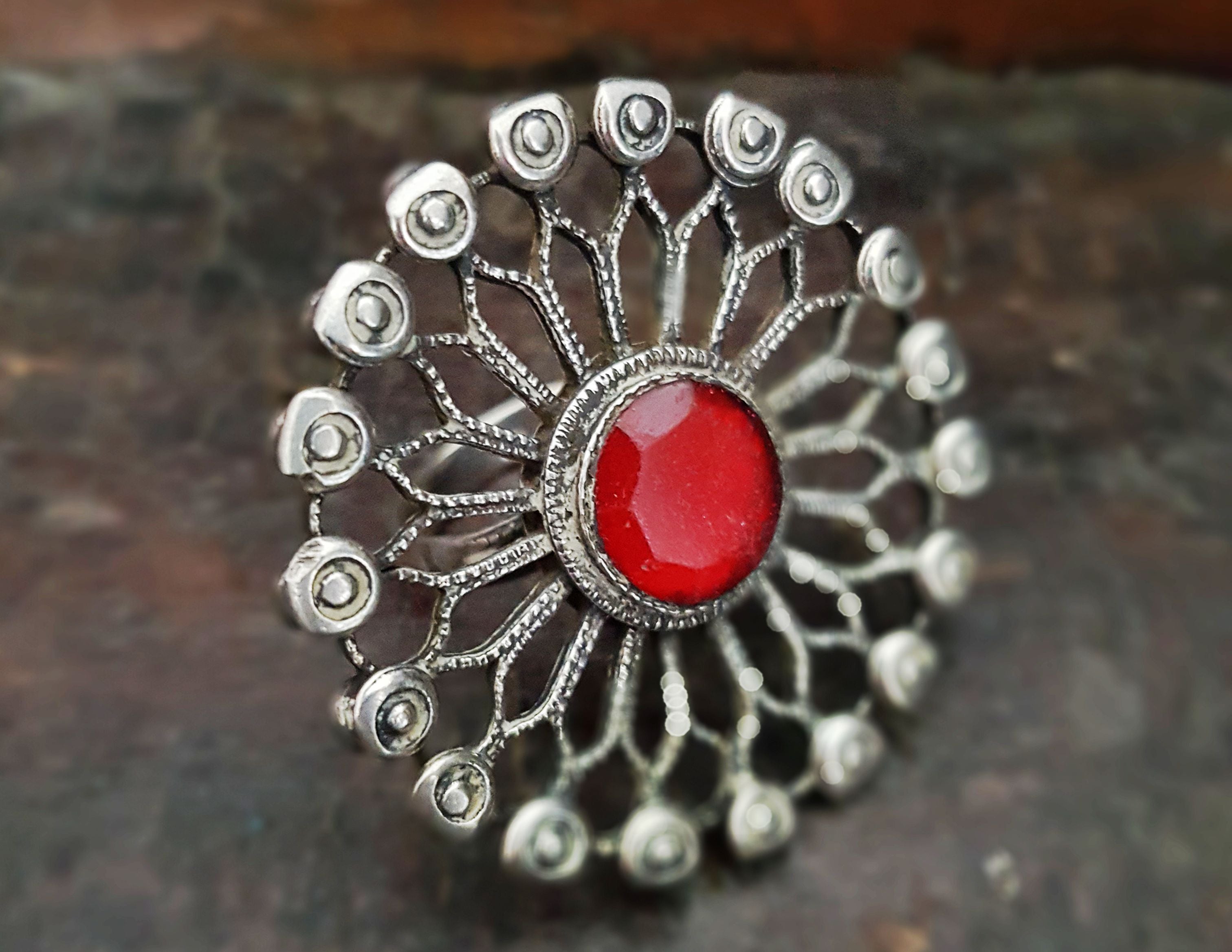 Huge Antique Afghani Silver Ring with Red Glass - Size 7.25