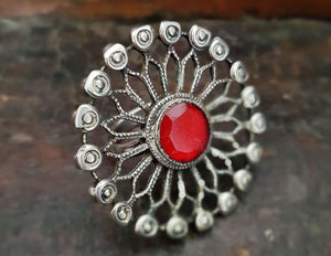Huge Antique Afghani Silver Ring with Red Glass - Size 7.25