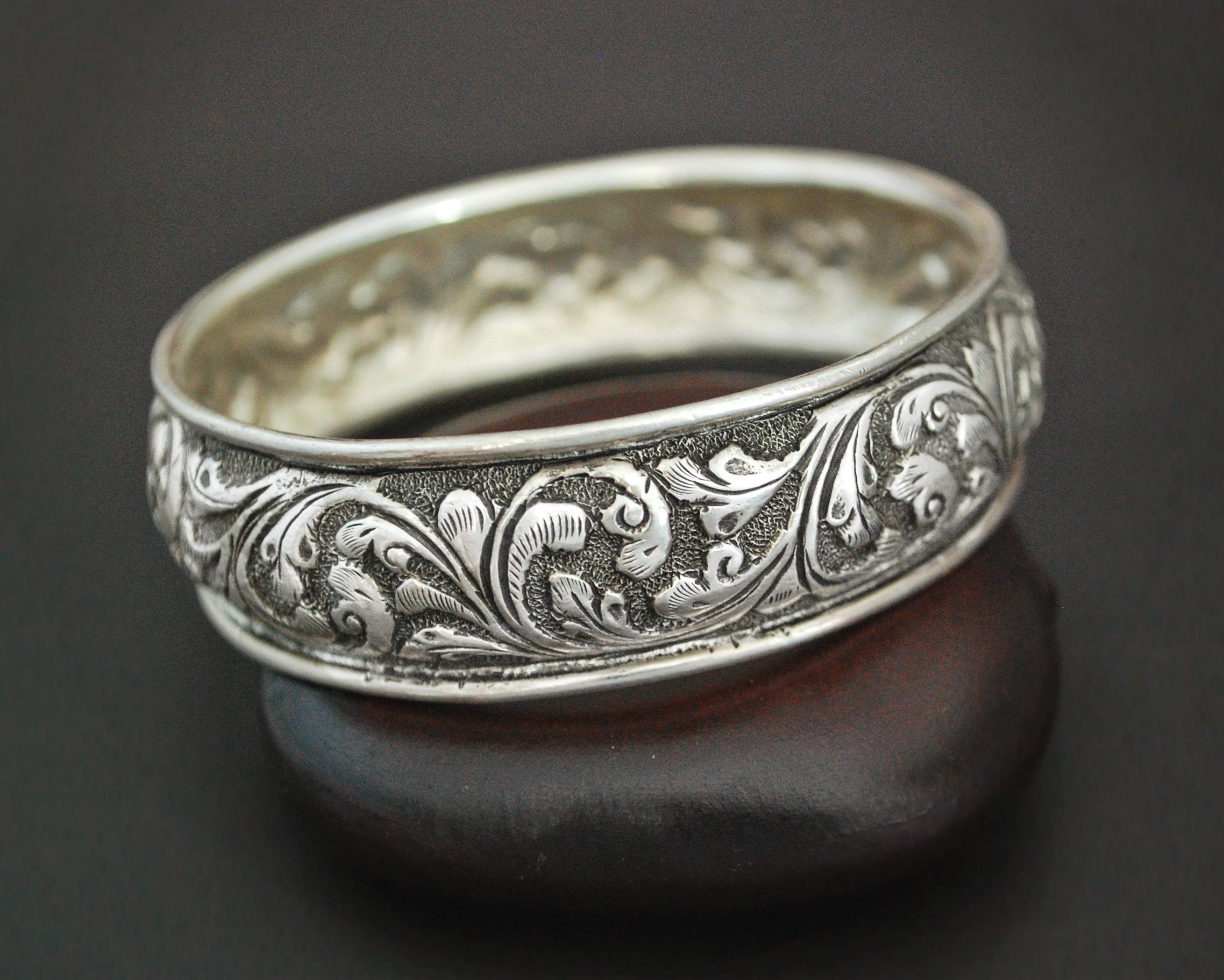 Repoussee Indian Bangle Bracelet - Sterling Silver