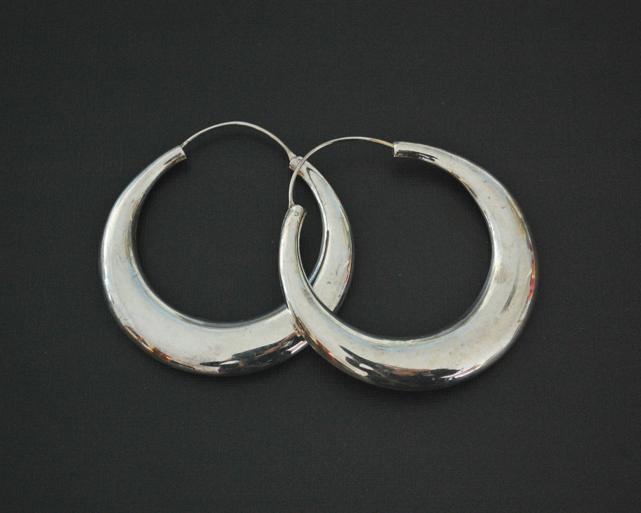 Huge Ethnic Silver Hoop Flatened Earrings