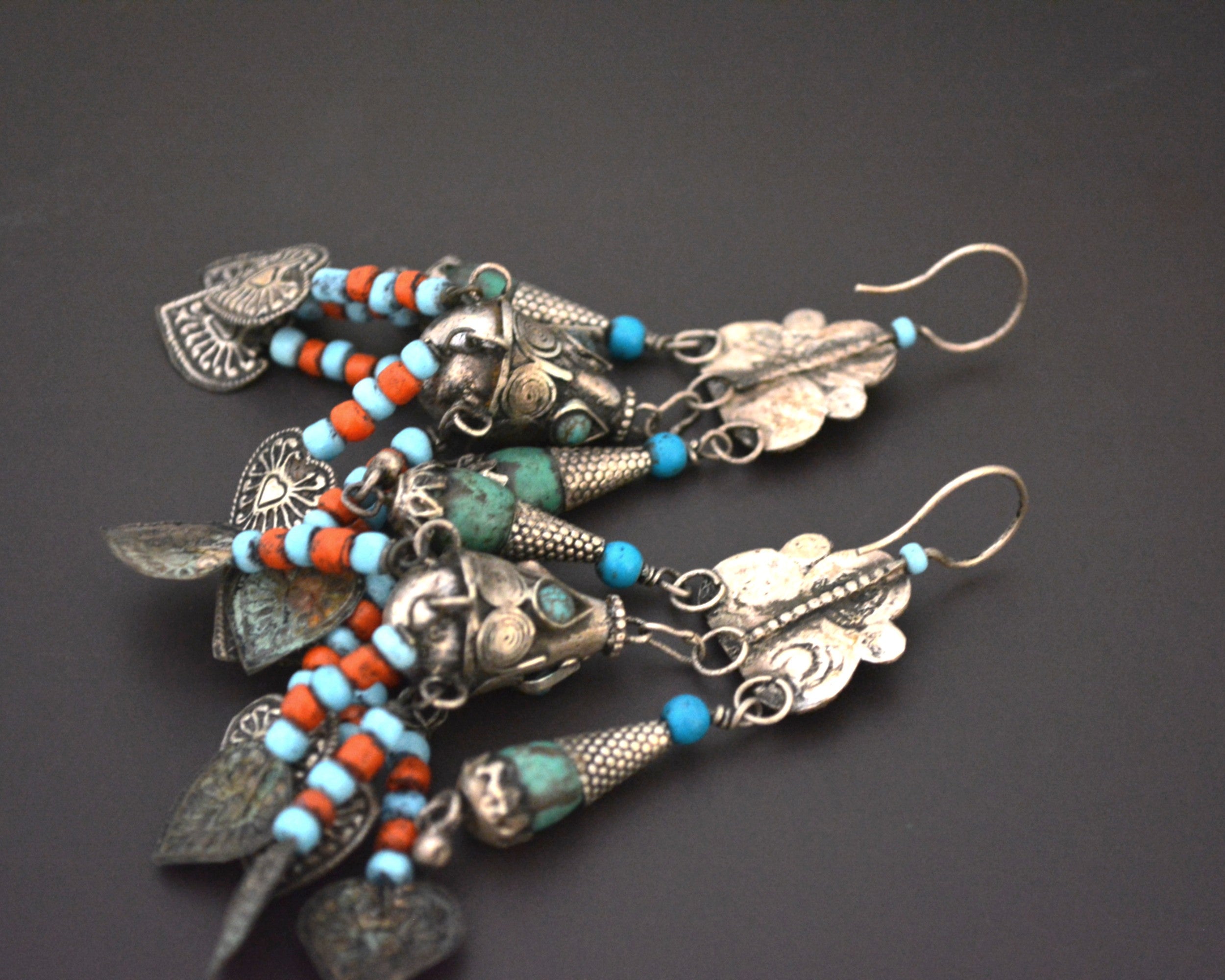 Huge Uzbek Coral Turquoise Dangle Earrings