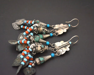 Huge Uzbek Coral Turquoise Dangle Earrings